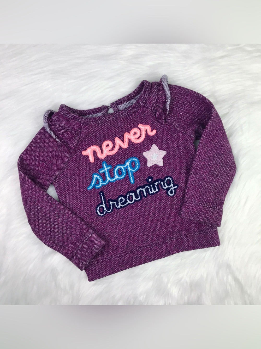 Cat & Jack Toddler Girls Purple Ruffle Never Stop Dreaming Sweatshirt 2T